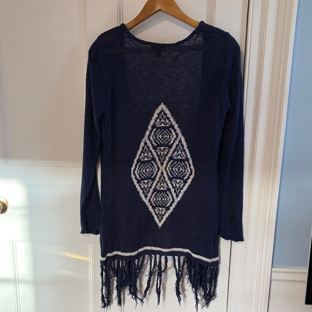 Joe Boxer Deep Blue Cardigan with Fringe and Geometric Design